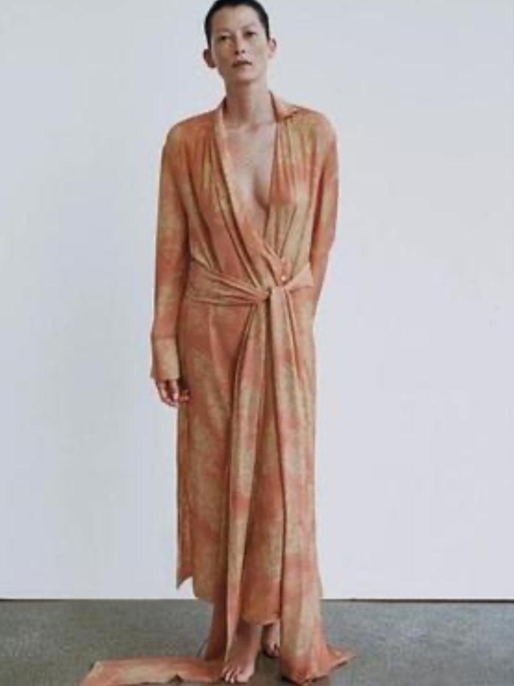 Zara Long Tie-Waist Robe in Peach and Coral Tones